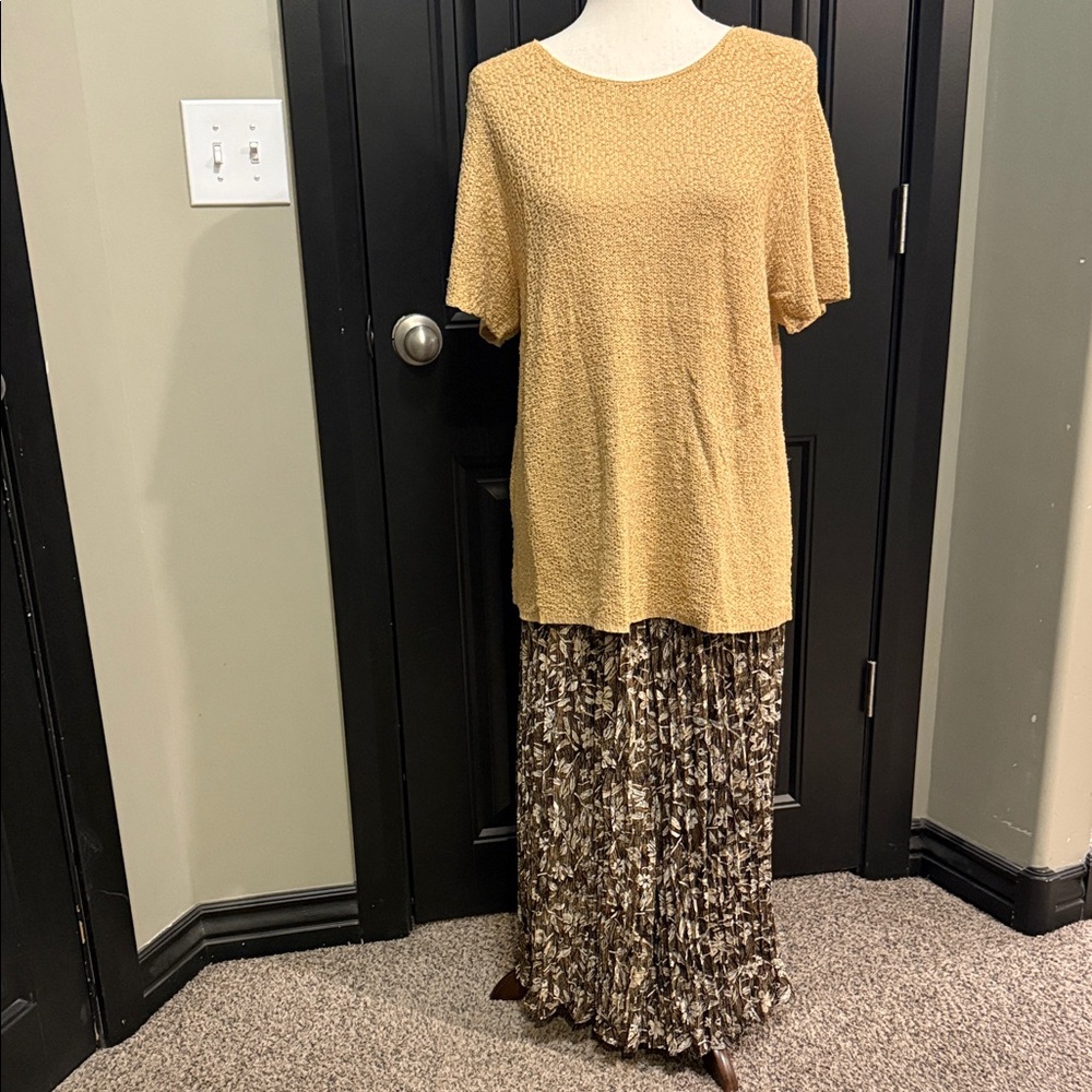 Worthington Mustard Knit Top with Brown Printed Maxi Skirt